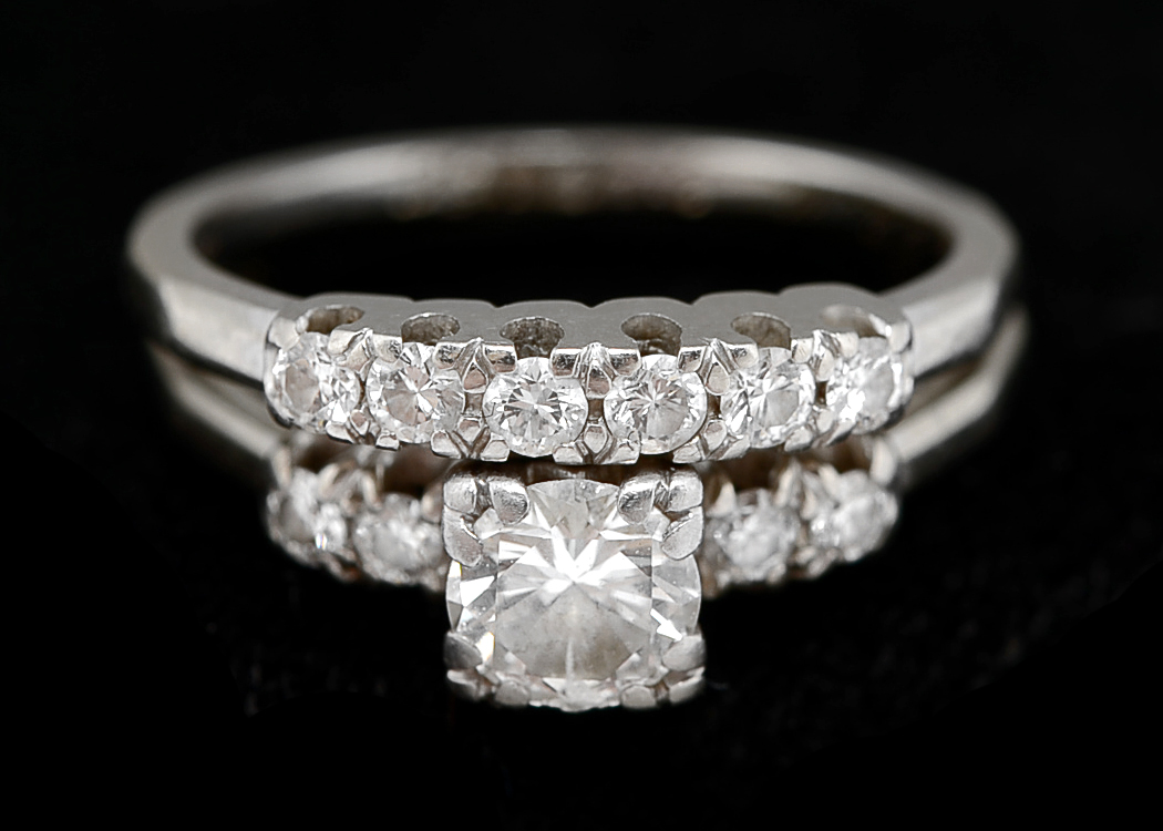 1950s Vintage 14 K White Gold and Diamond Wedding Ring Set