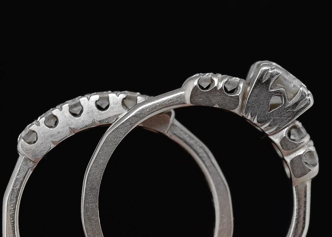 1950s Vintage 14 K White Gold and Diamond Wedding Ring Set