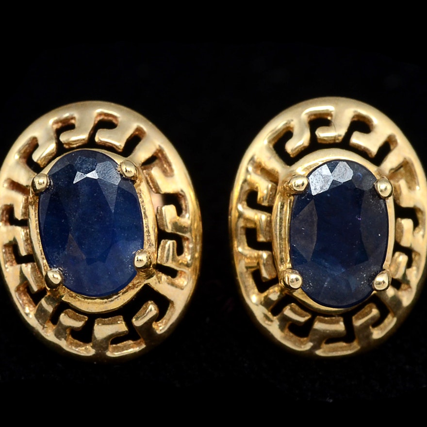 Pair of 10 K Yellow Gold Treated Blue Sapphire Openwork Earrings