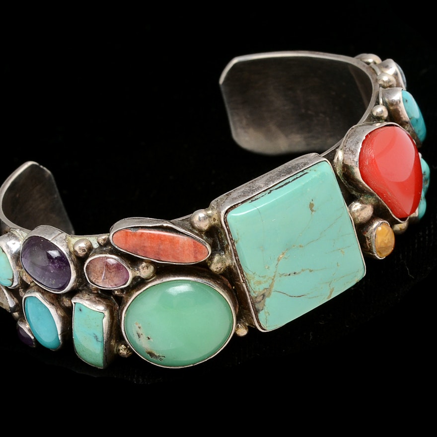 L. Bennett Native American Navajo Sterling and Multi Stone Cuff