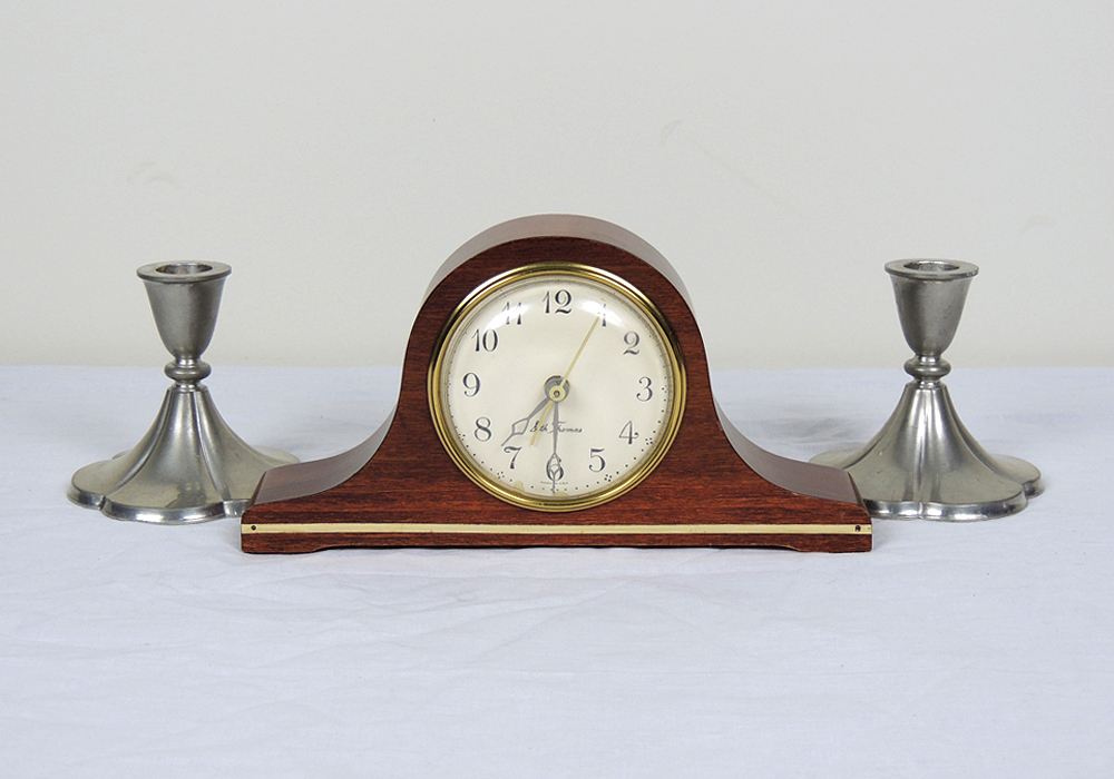 Seth Thomas Mantel Alarm Clock and Pewter Candle Holders