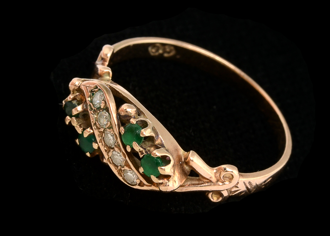 Victorian 14K Rose Gold Emerald and Diamond Openwork Ring