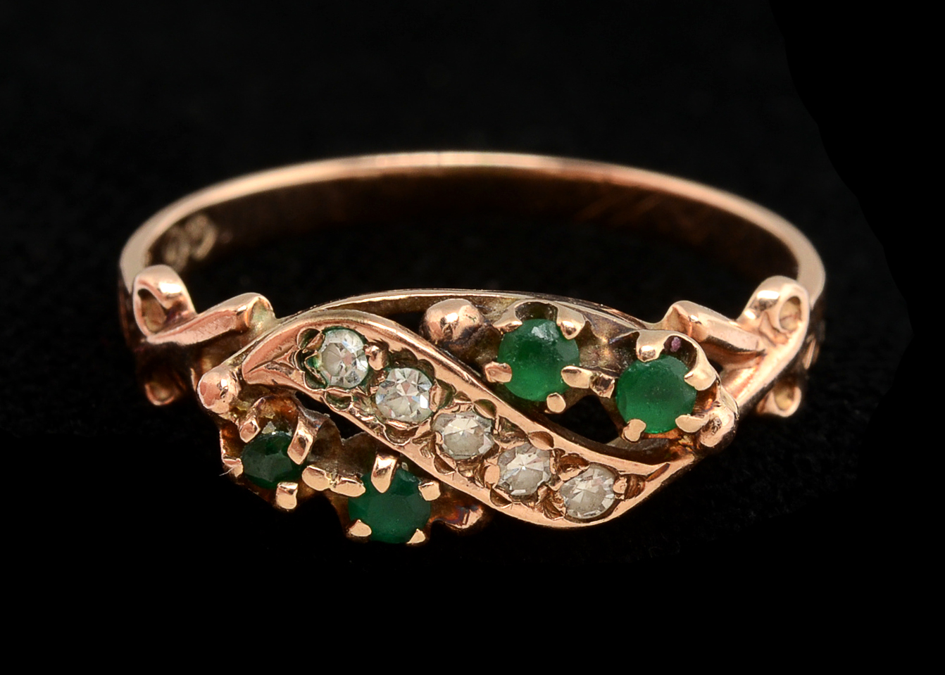 Victorian 14K Rose Gold Emerald and Diamond Openwork Ring