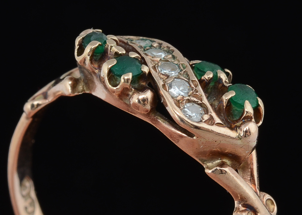 Victorian 14K Rose Gold Emerald and Diamond Openwork Ring