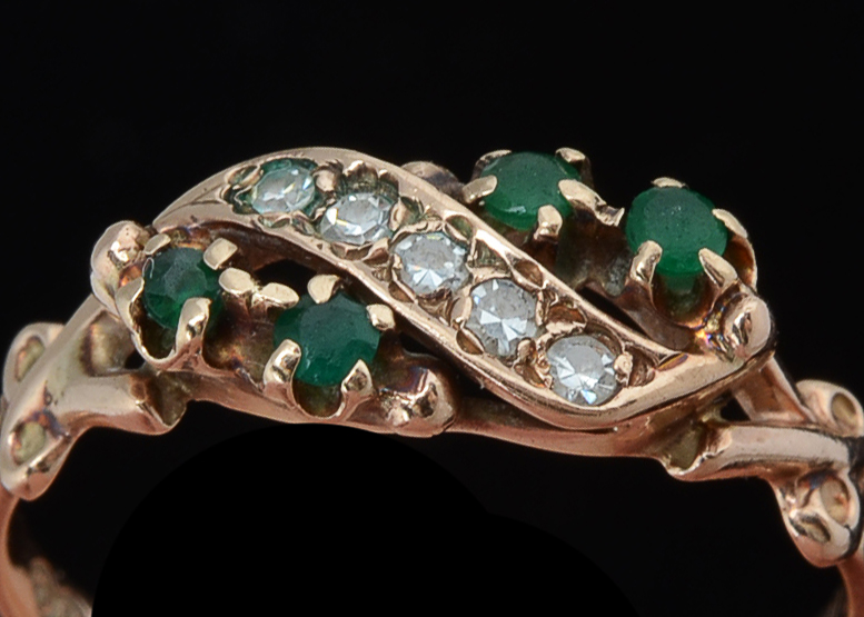 Victorian 14K Rose Gold Emerald and Diamond Openwork Ring