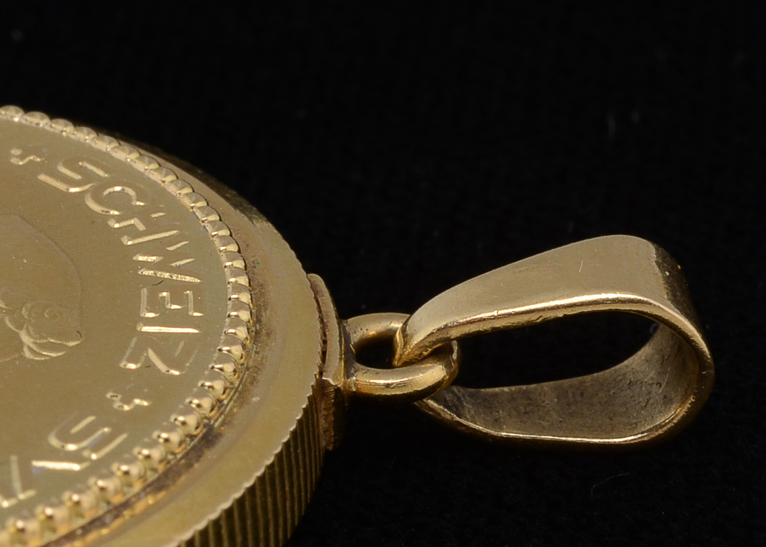 18 K Yellow Gold Swiss Schweiz Svizzera Coin Pocket Watch Pendant