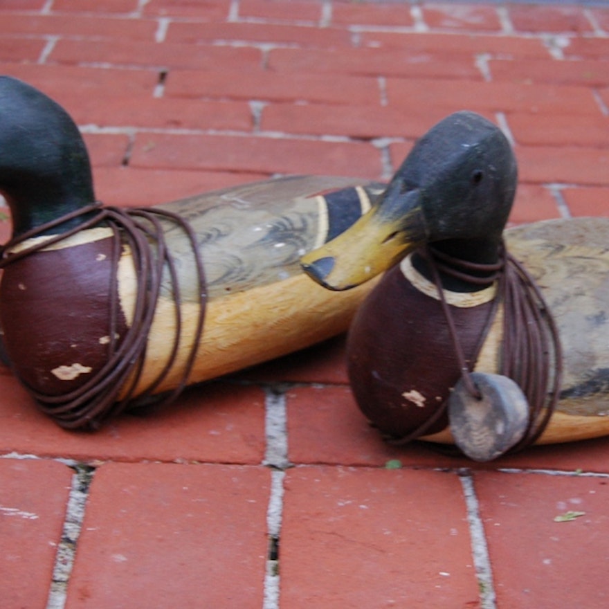 Pair of Vintage Illinois River Mallard Decoys With Lead Weights