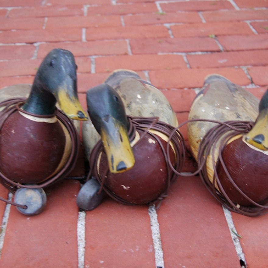 Trio of Vintage Illinois River Style Mallard Decoys With Weights