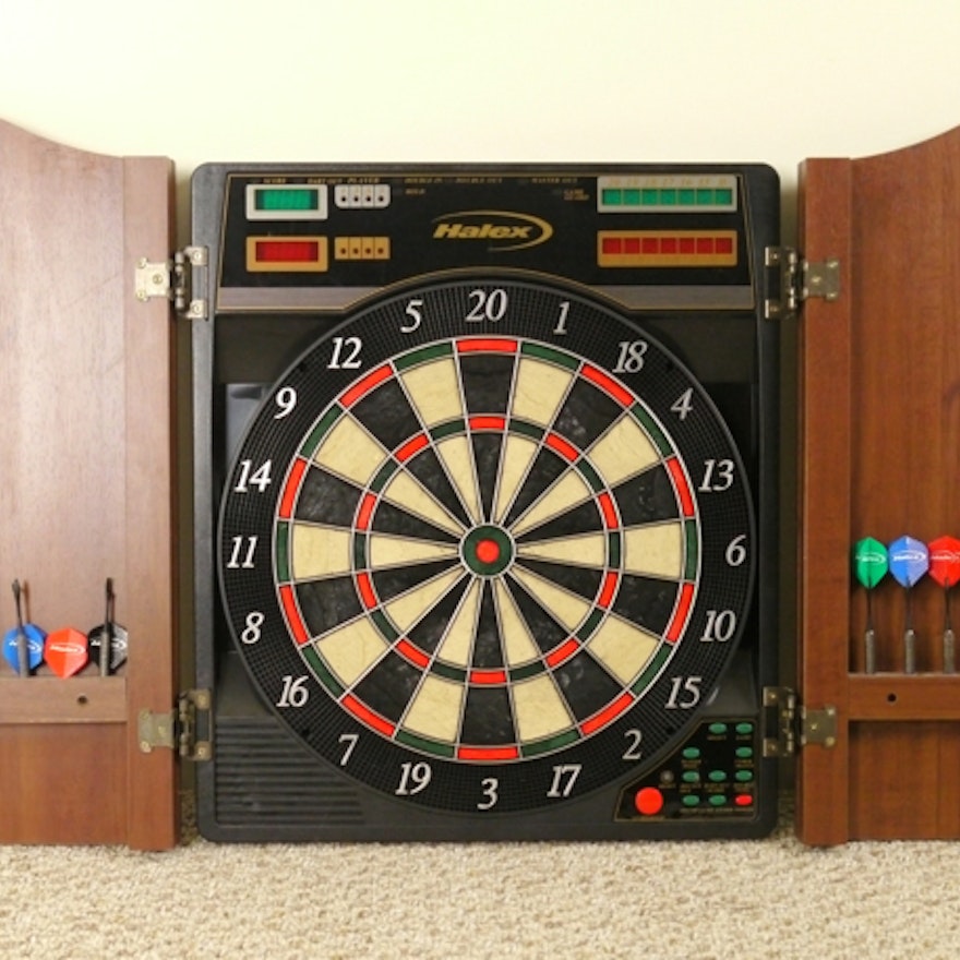 Halex "Epsilon" Electronic Dart Board in Wood Cabinet
