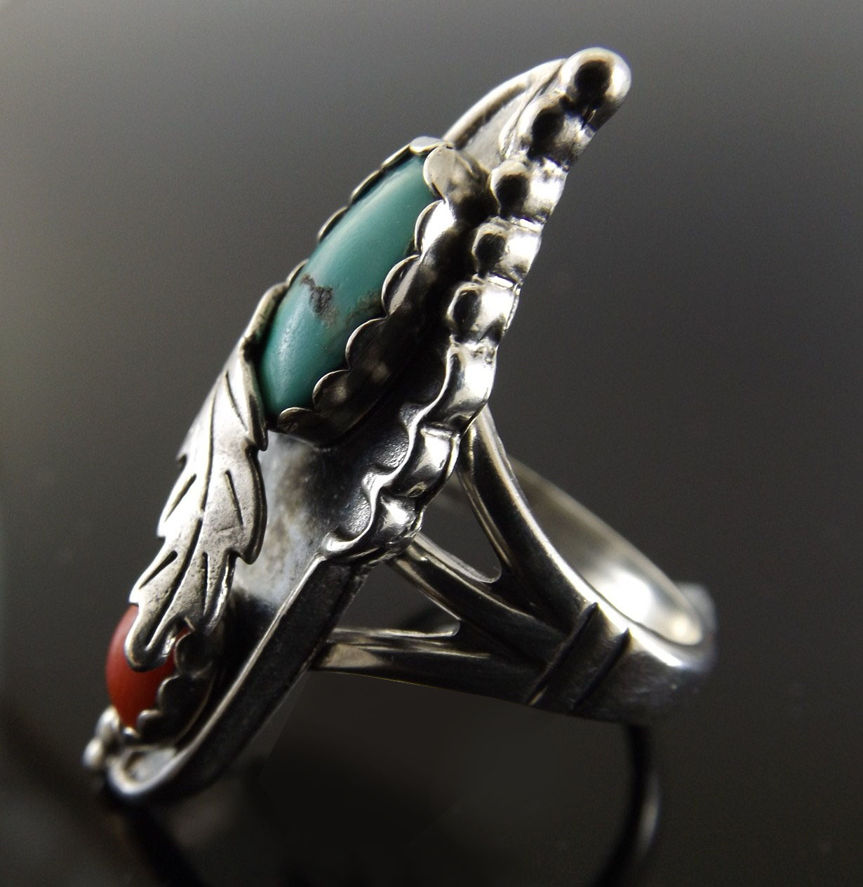 Sterling Silver Ring with Coral and Turquoise