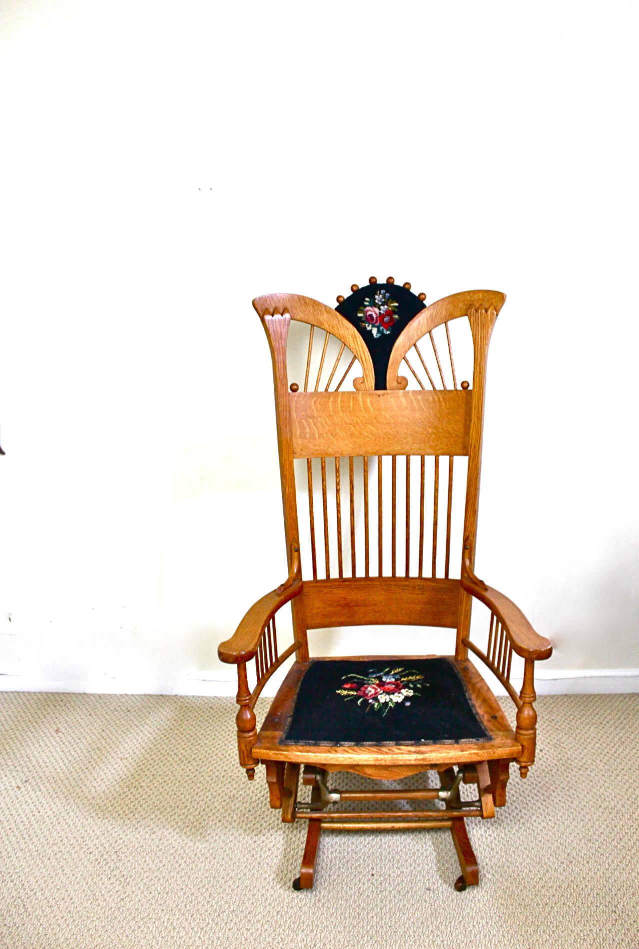 Antique Oak Glider Rocker with Needlepoint Seat | Everything But The House
