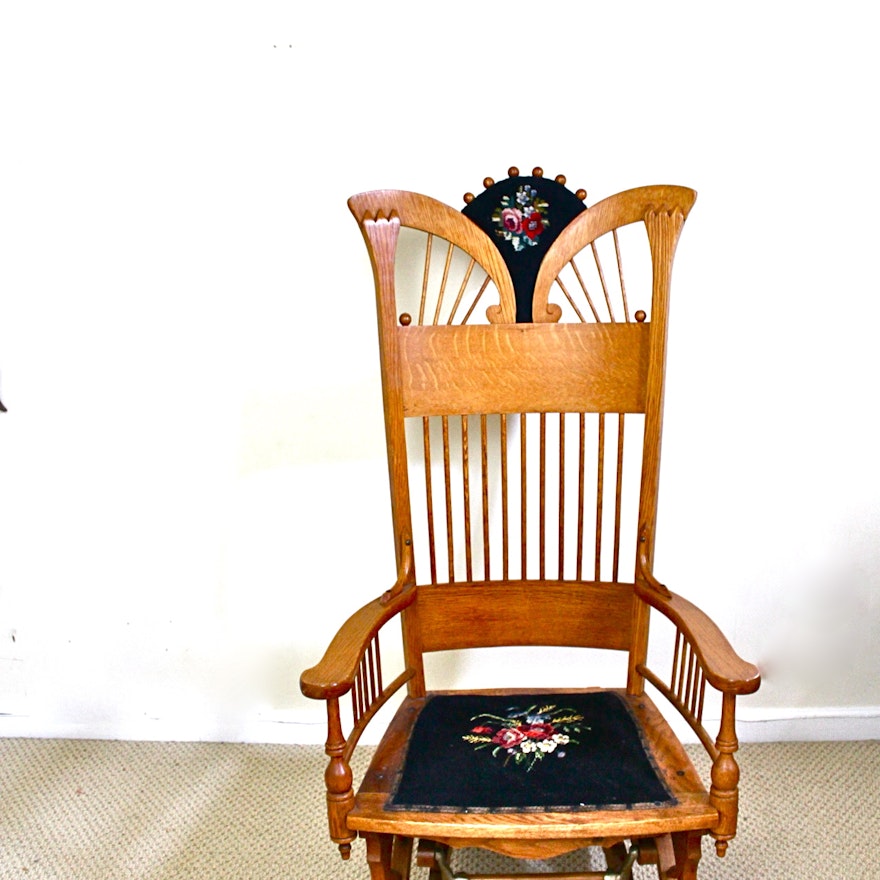Antique Oak Glider Rocker with Needlepoint Seat | Everything But The House