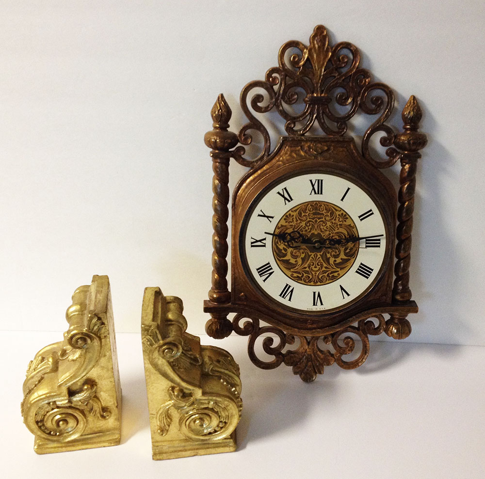 Gold Finish Clock and Bookend Set