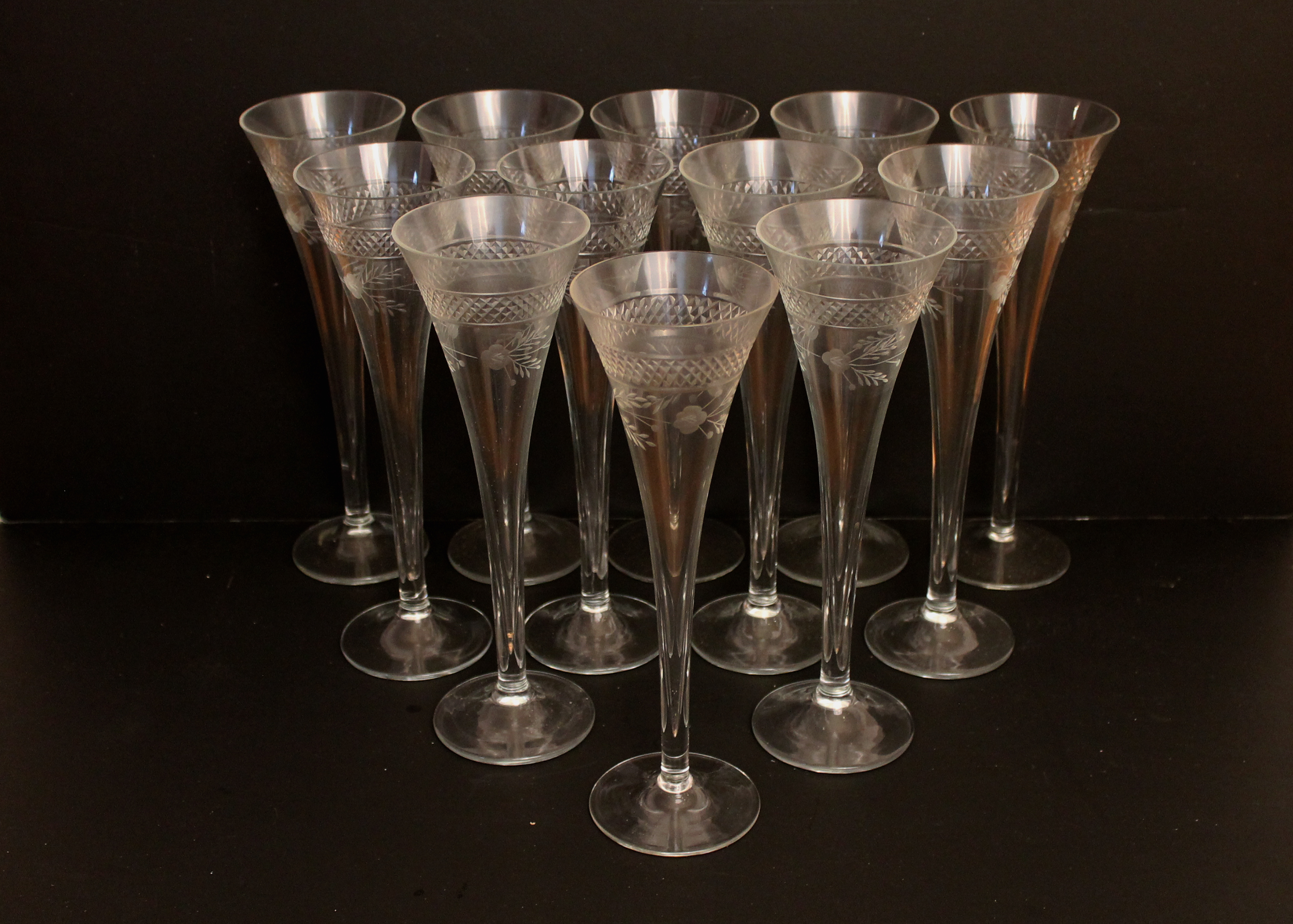 Set of Vintage Mid-Century Cut Glass Etched Champagne Flutes