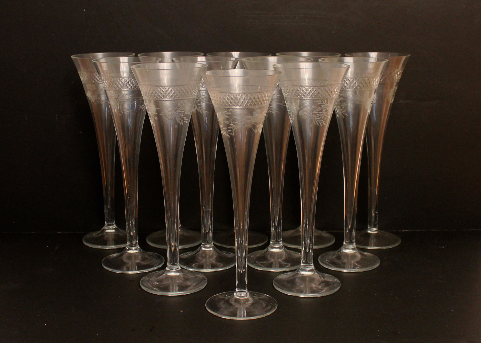 Set of Vintage Mid-Century Cut Glass Etched Champagne Flutes
