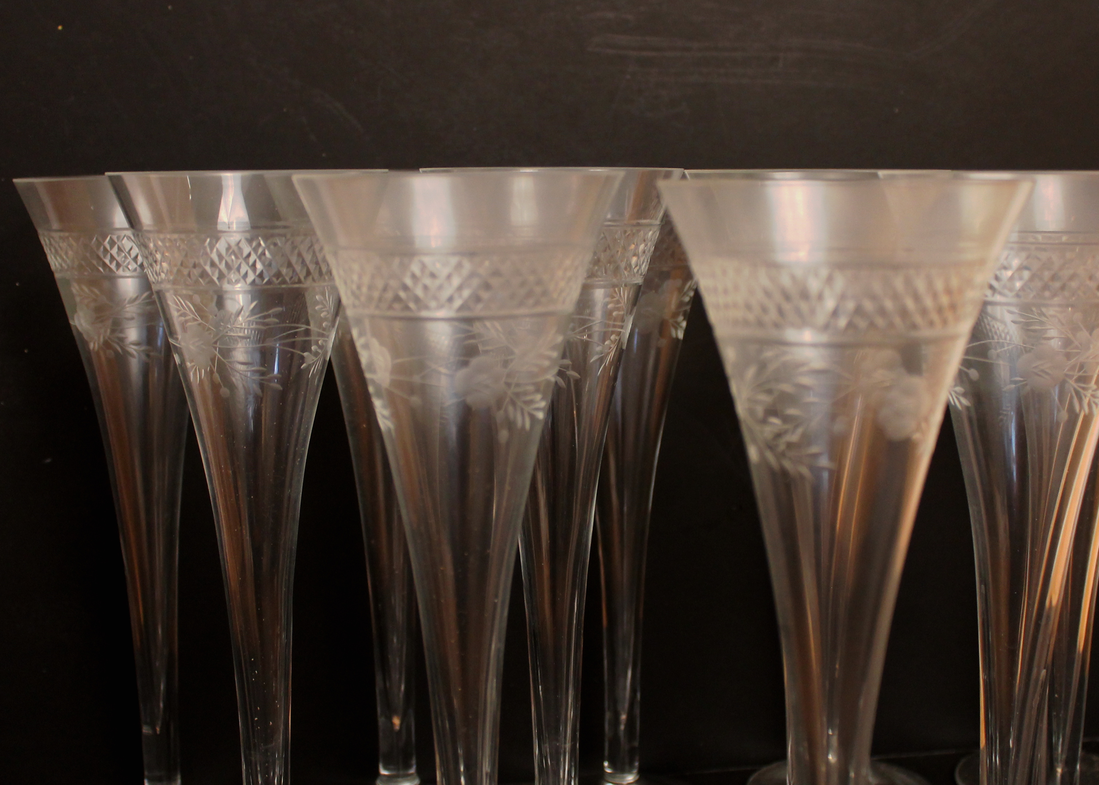 Set of Vintage Mid-Century Cut Glass Etched Champagne Flutes