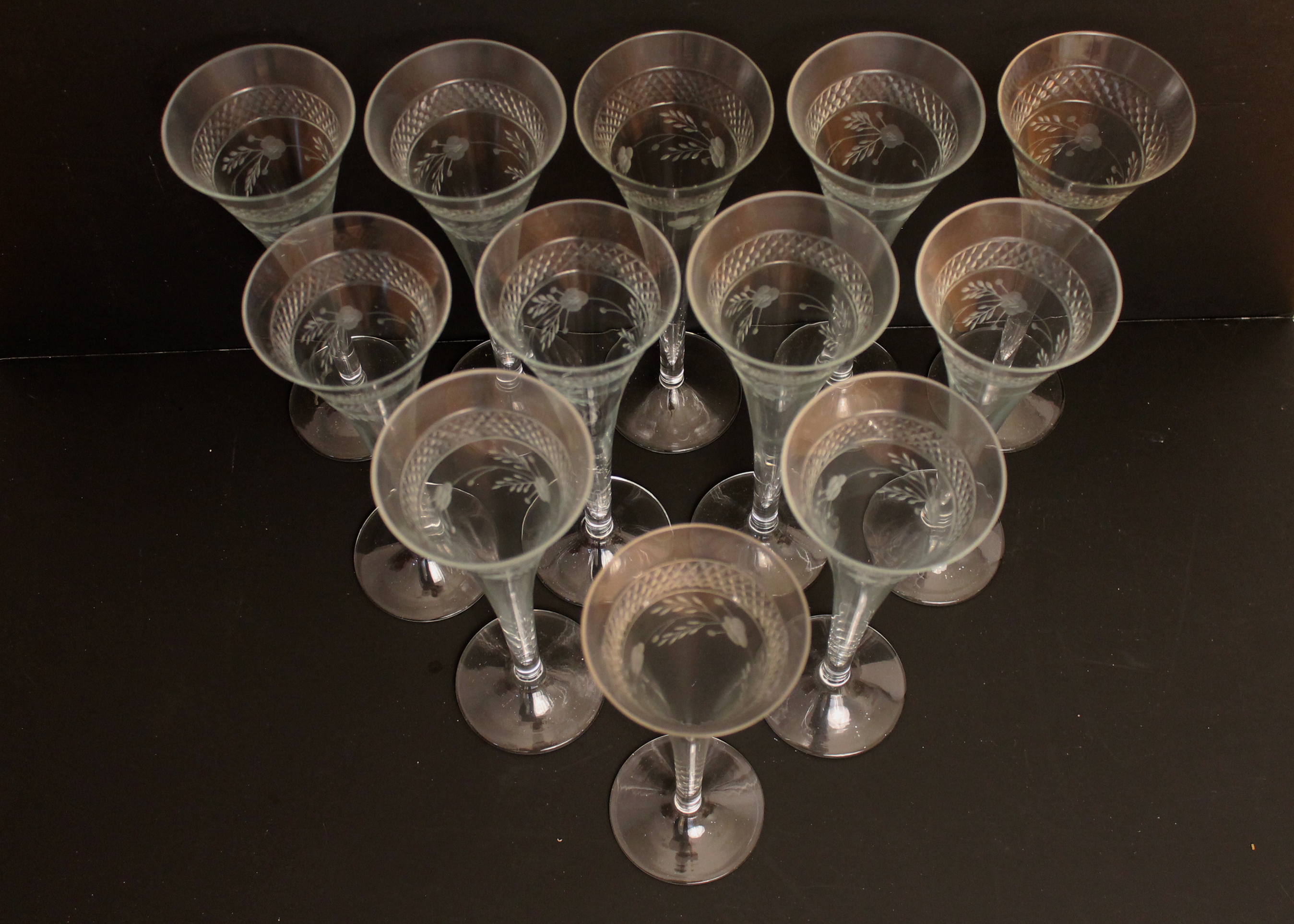Set of Vintage Mid-Century Cut Glass Etched Champagne Flutes