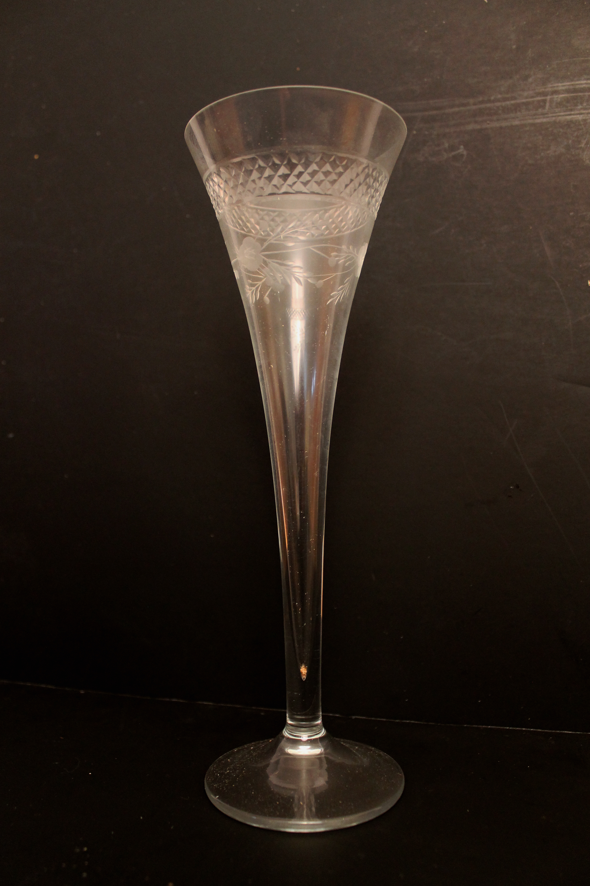 Set of Vintage Mid-Century Cut Glass Etched Champagne Flutes