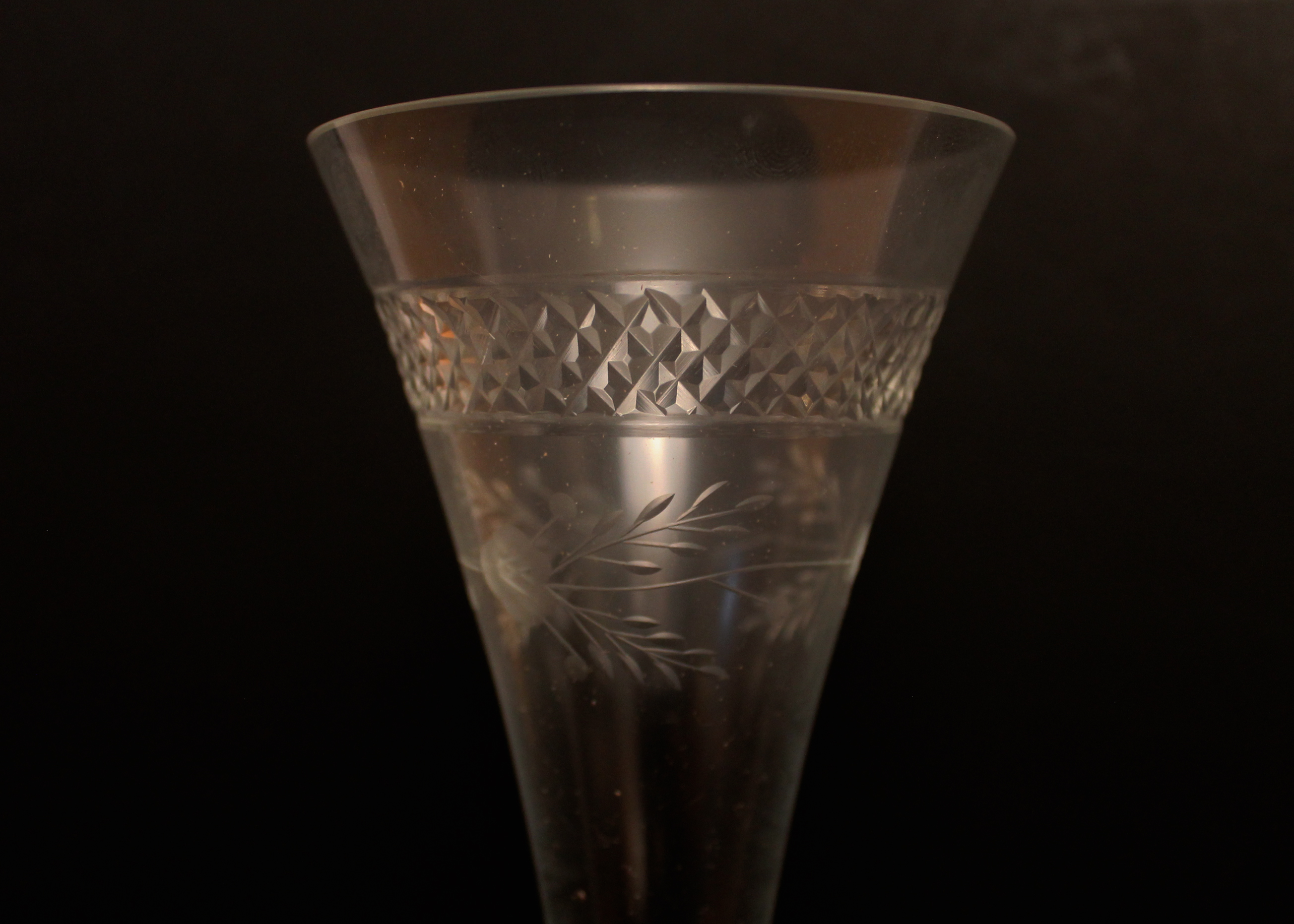 Set of Vintage Mid-Century Cut Glass Etched Champagne Flutes