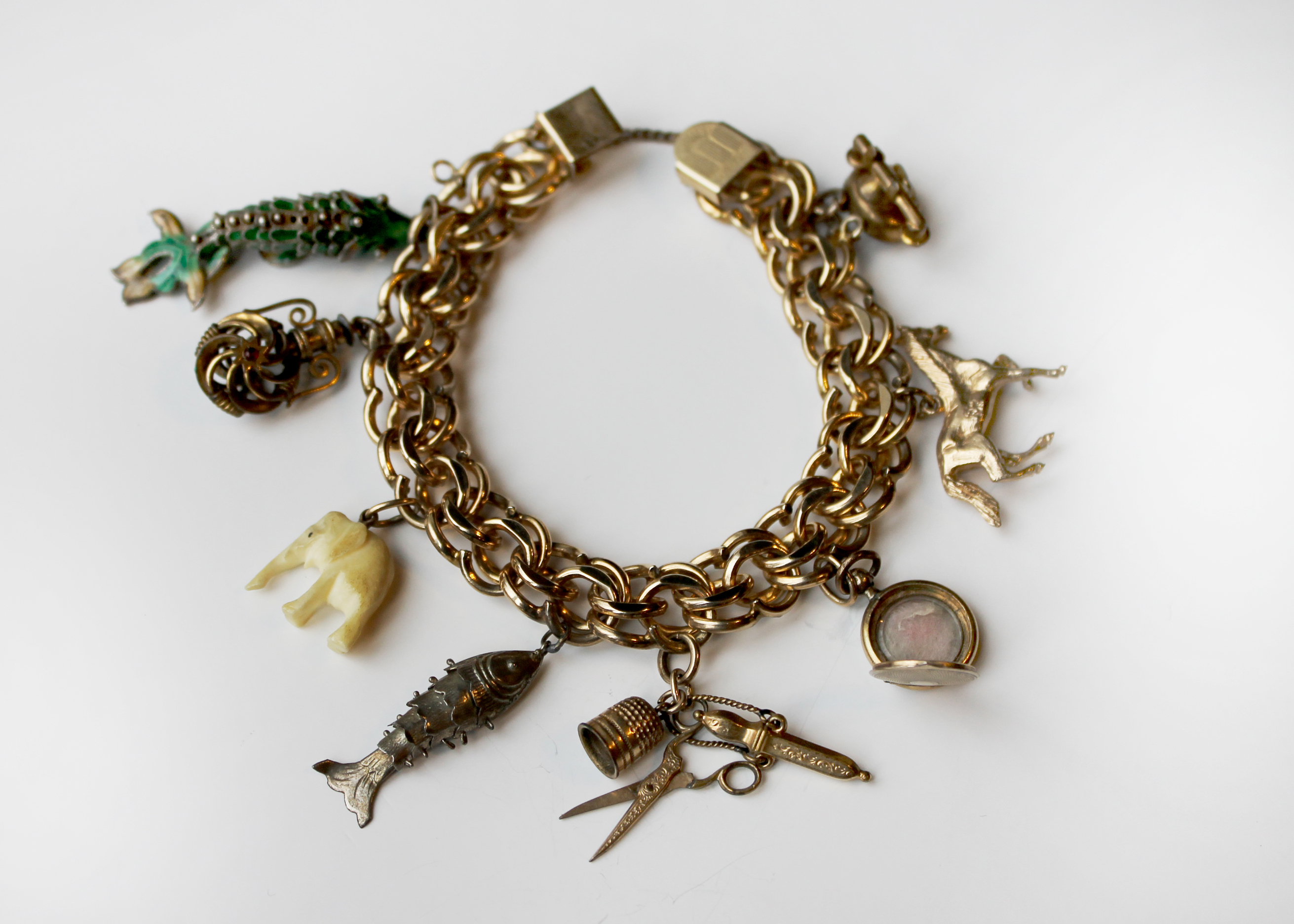 Vintage 12K GF Winard Charm Bracelet with Ten Unique Charms