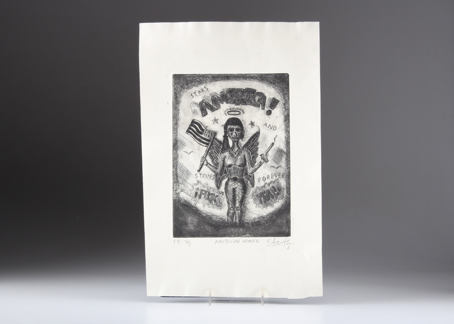 Original Drypoint Outsider Etching "American Woman"