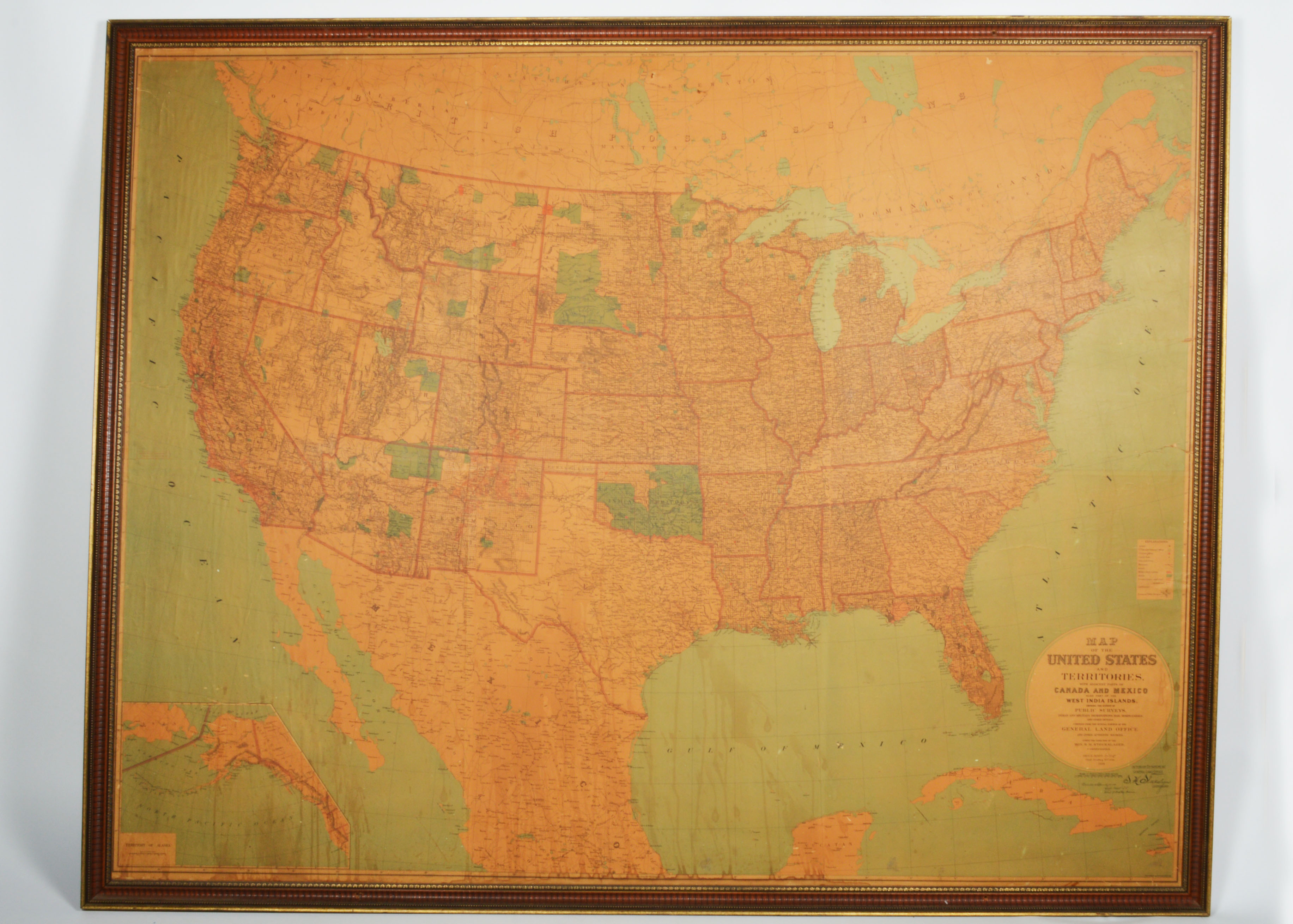 Large Framed 1890s United States and and Territories Map