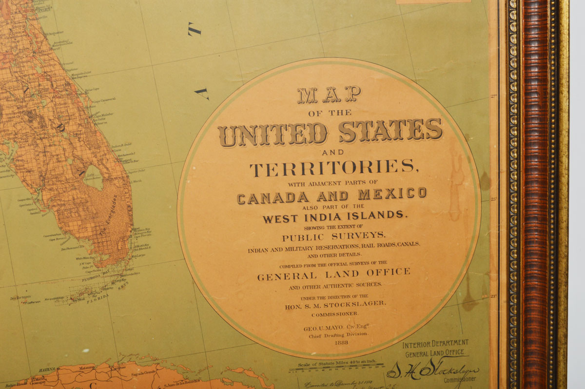 Large Framed 1890s United States and and Territories Map