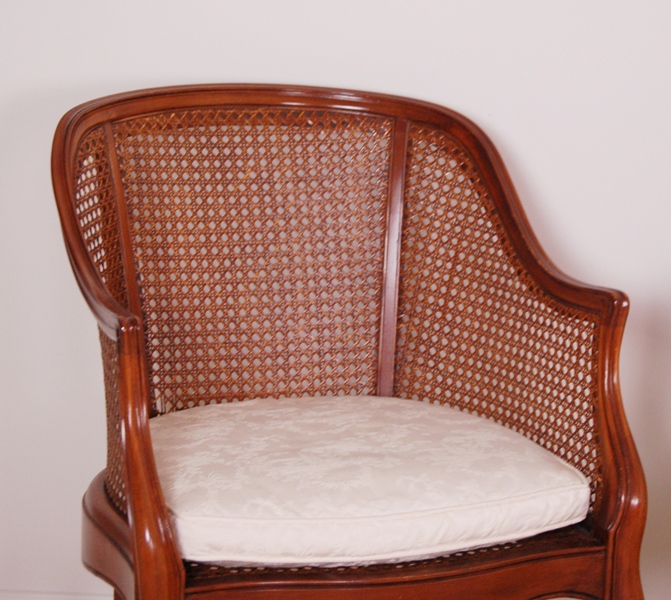 Pair of Caned Armchairs with Creme Cushion