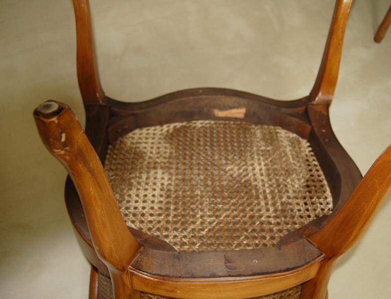 Pair of Caned Armchairs with Creme Cushion
