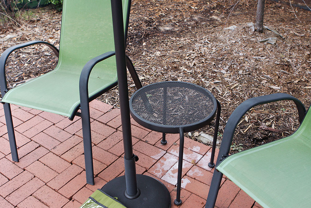 Wrought Iron Outdoor Chairs with Umbrella and Stand