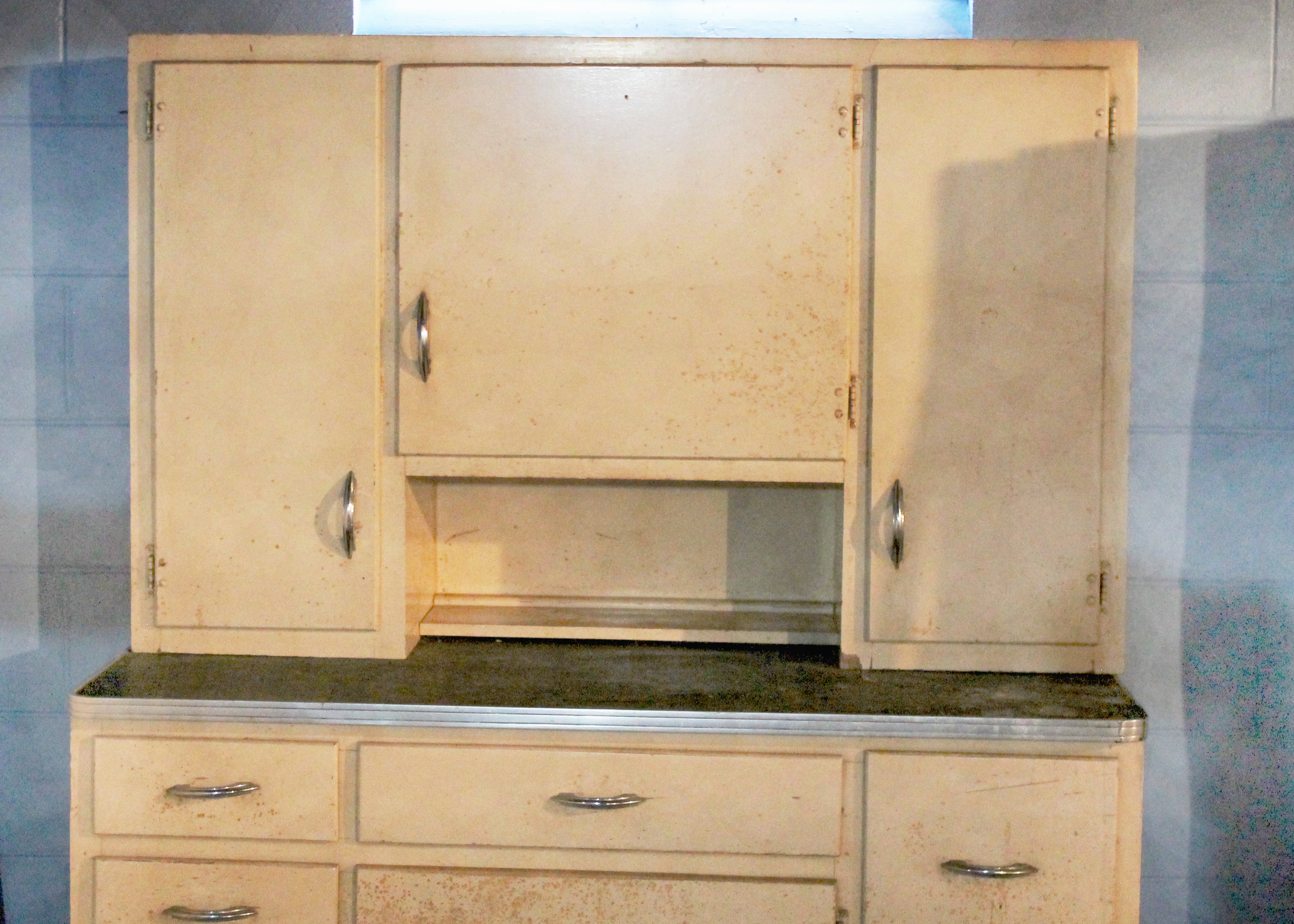 Vintage Hoosier Style Cabinet with Chrome Trim and Handles