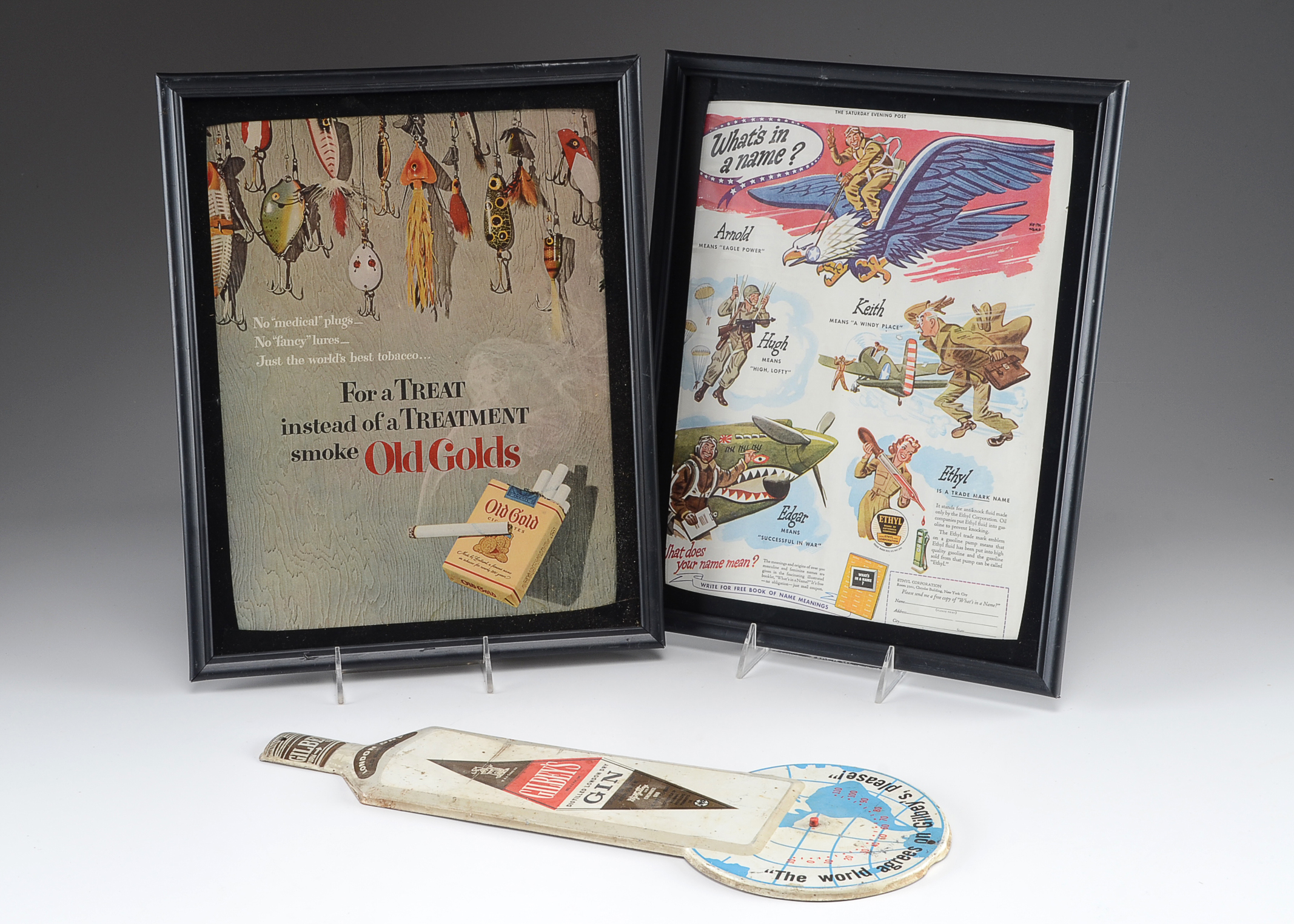 Three Vintage Advertisements- "Gilbert's Gin" "Ethyl" "Old Golds"