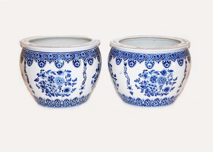 A Pair of Large Blue and White Ceramic Planters