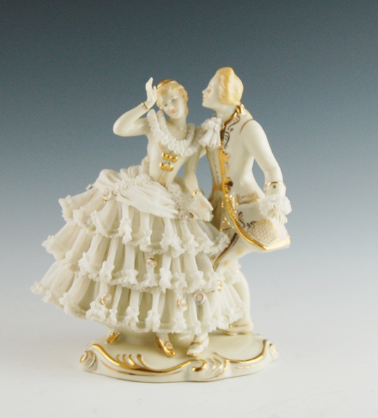 Vintage Dresden Art Porcelain Lace Dancing Couple Figurine