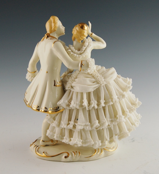 Vintage Dresden Art Porcelain Lace Dancing Couple Figurine
