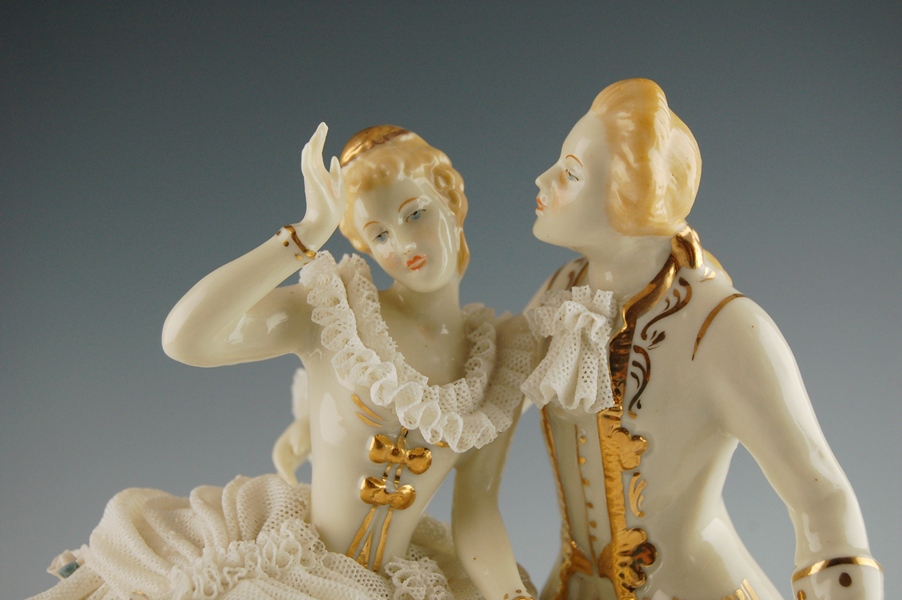 Vintage Dresden Art Porcelain Lace Dancing Couple Figurine