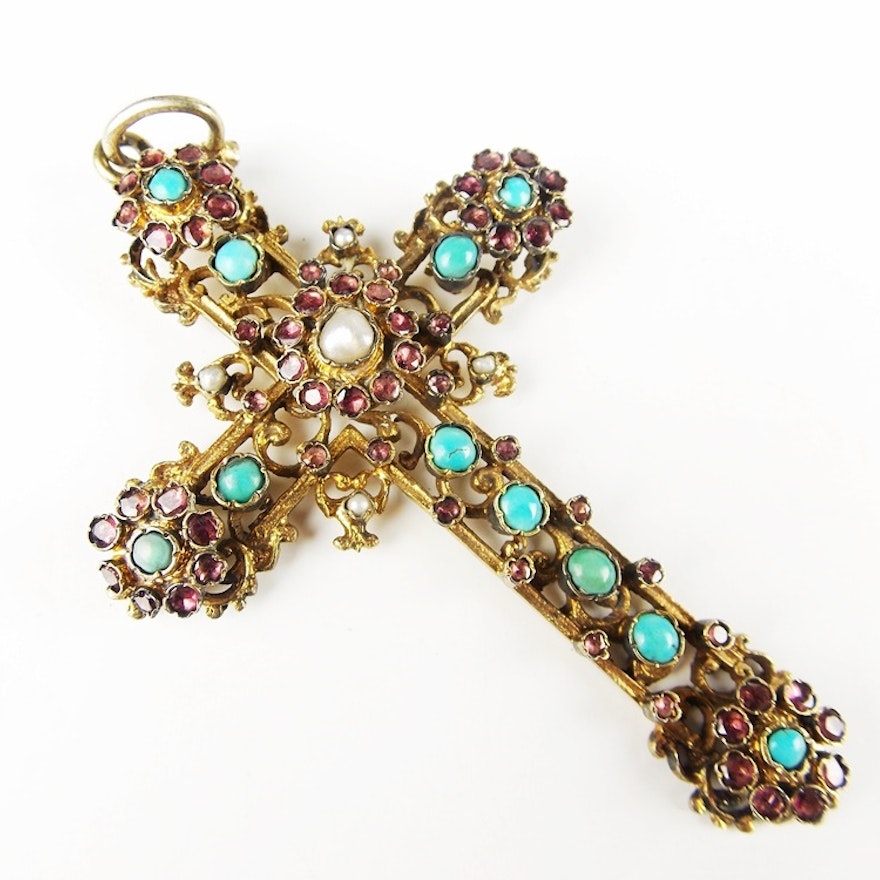 A Vintage Gold Plate Cross Pendant Embellished with Stones