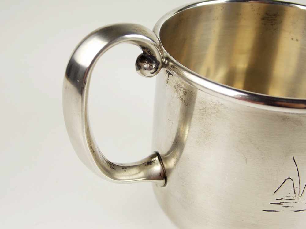 Vintage Sterling Silver Baby Cup with Cute Engraved Scene