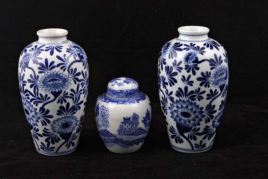 Blue and White Vases with Urn