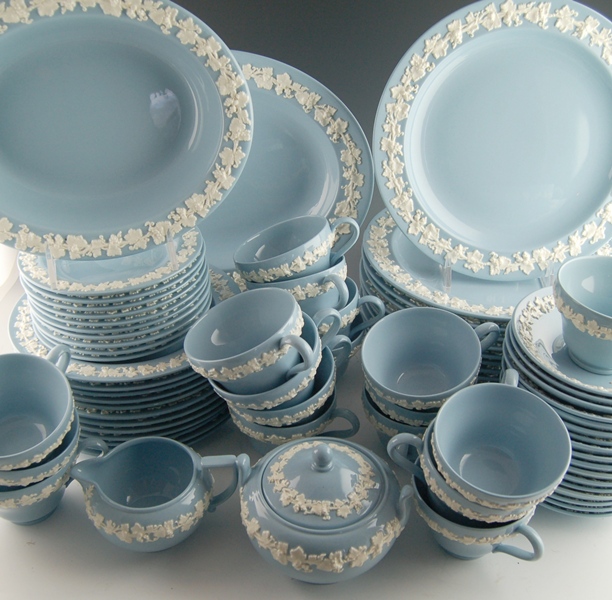 Wedgwood of Etruria & Barlaston Blue Embossed Queensware Set Ten