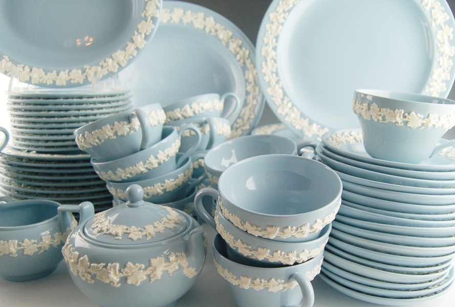 Wedgwood of Etruria & Barlaston Blue Embossed Queensware Set Ten