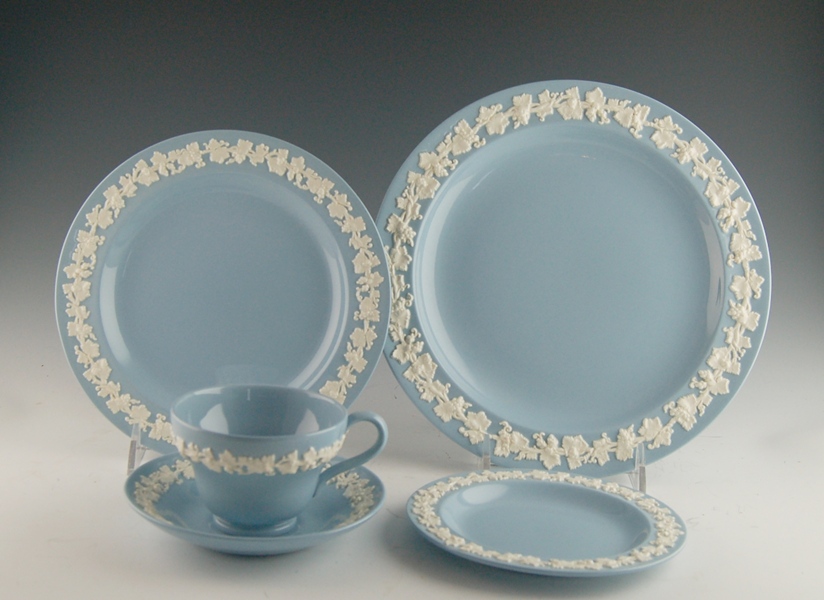 Wedgwood of Etruria & Barlaston Blue Embossed Queensware Set Ten