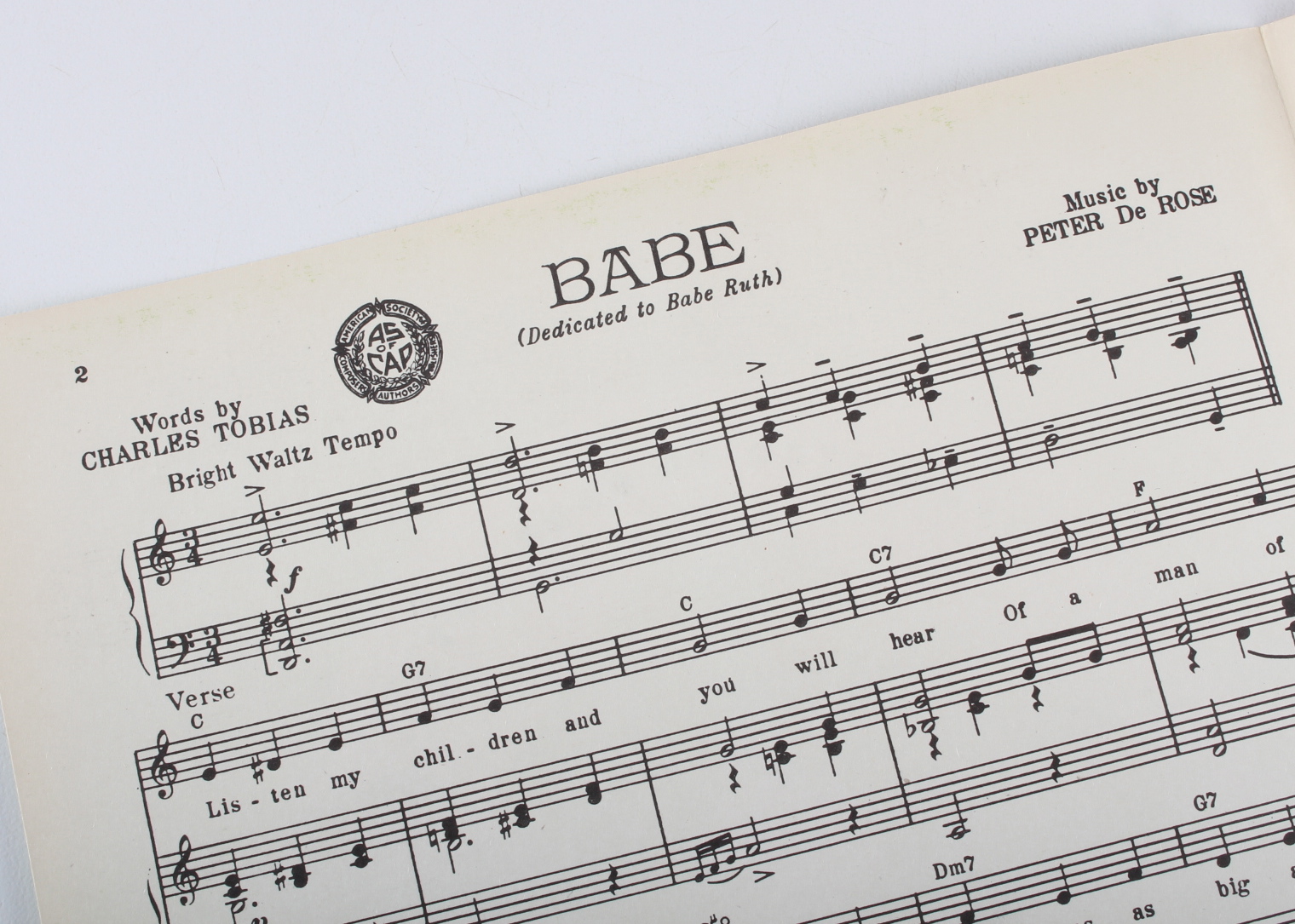 Vintage Babe Ruth New York Yankees Sheet Music