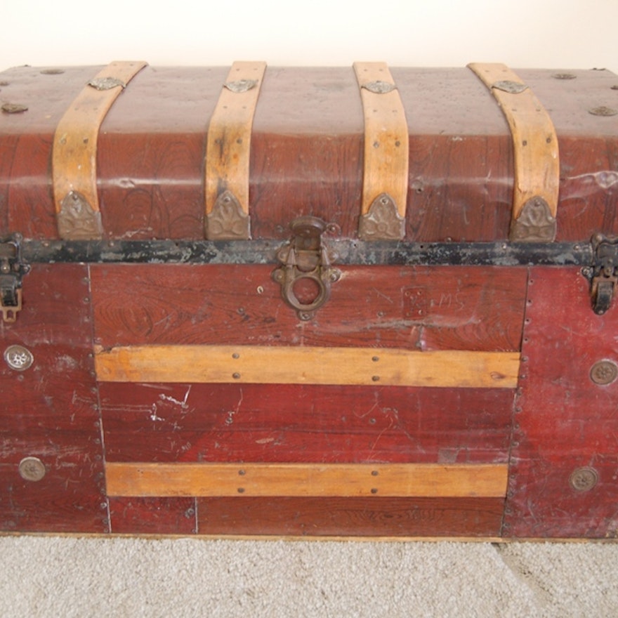 Antique Metal Covered Steamer Trunk