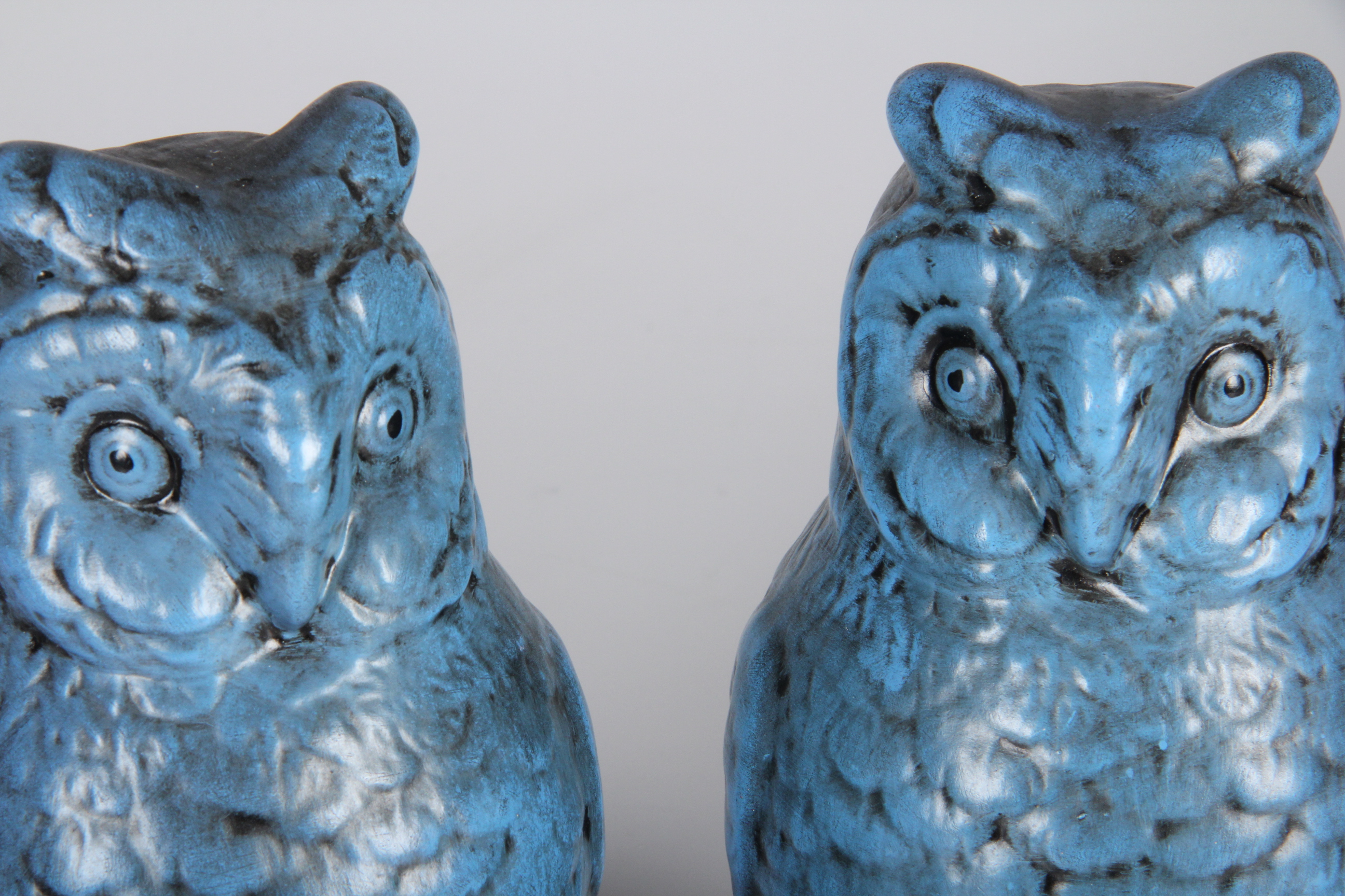Blue Glazed Ceramic Owl Bookends