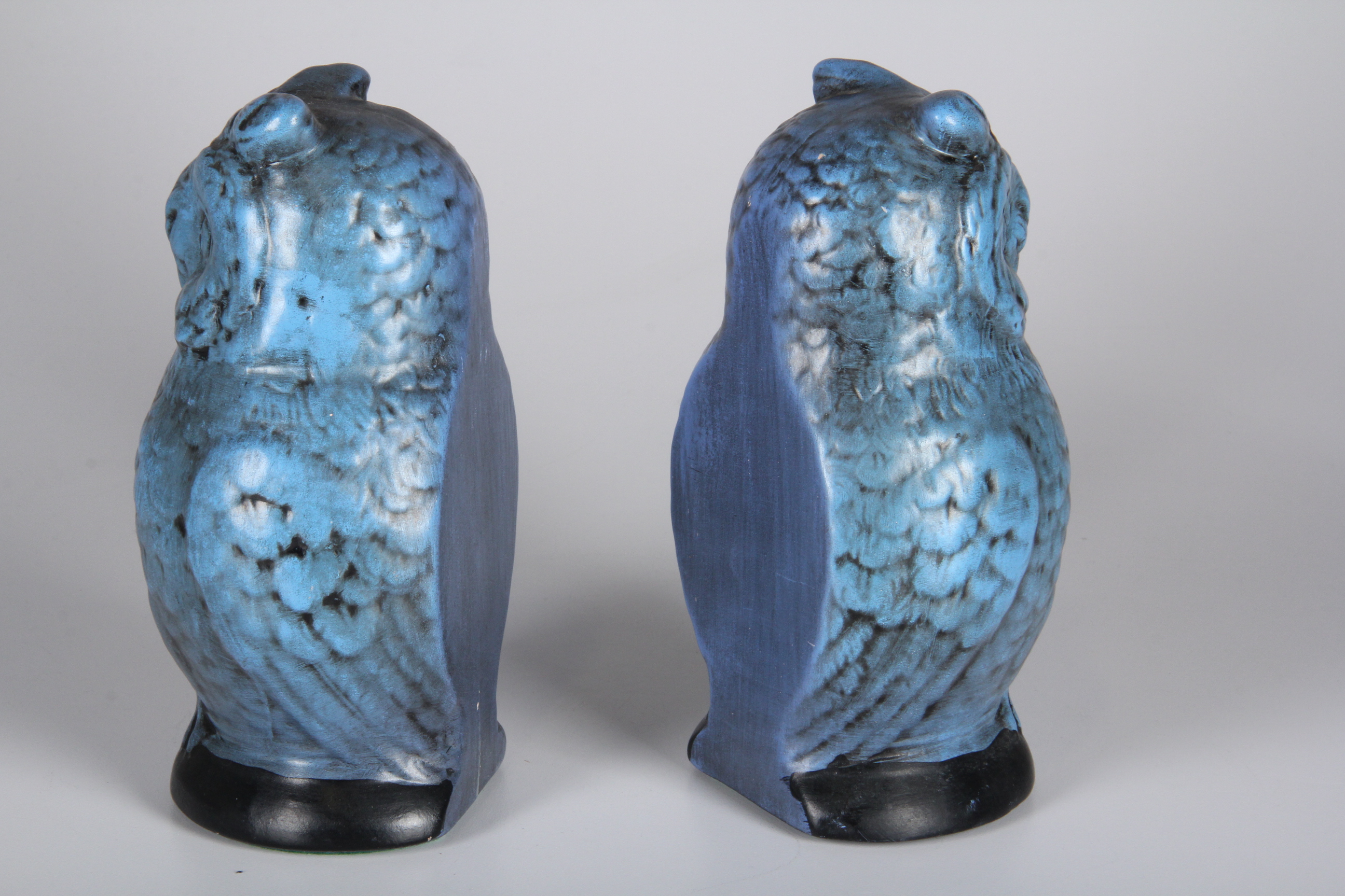 Blue Glazed Ceramic Owl Bookends