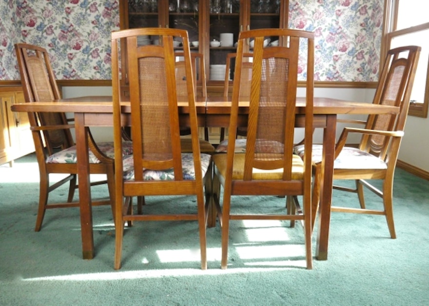 Mid Century Modern Dining Table with Six Cane-Back Chairs