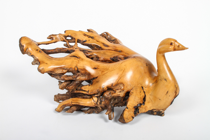 Artisan Carved Burl Wood Swan Statue