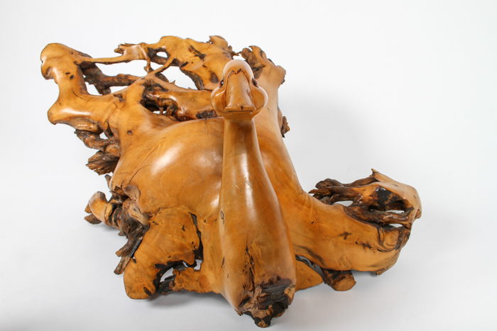 Artisan Carved Burl Wood Swan Statue