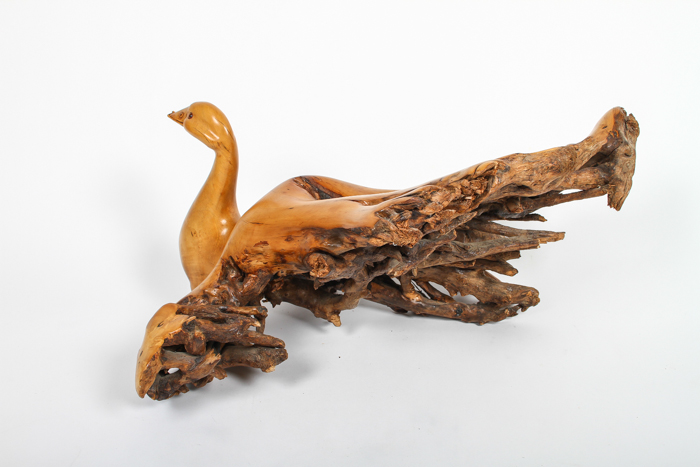 Artisan Carved Burl Wood Swan Statue